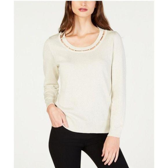 NY COLLECTION Metallic-Threaded Neckline-Cutout Cryst PL - Picture 1 of 2